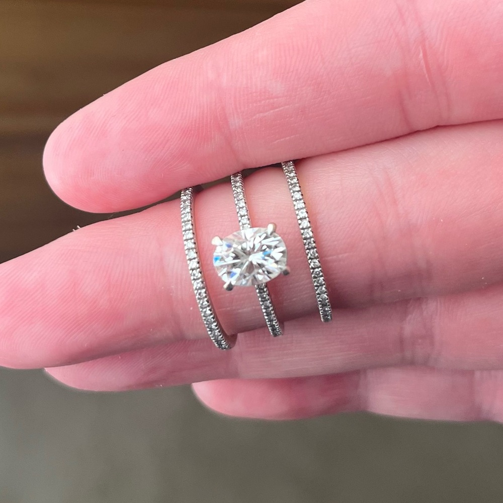White Gold Moissanite Engagement Ring, Wedding Band Set size 7.5